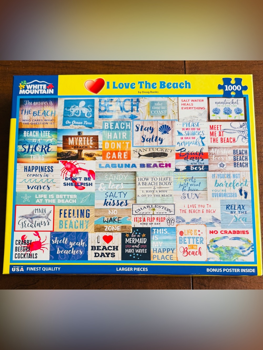 White Mountain Beach-Themed Word Collage Puzzle - Blue, Yellow, Red, White